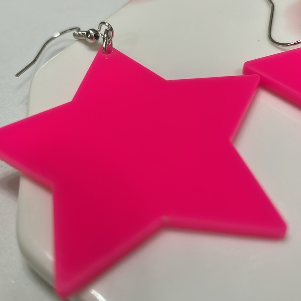 Pink Acrylic Star Silver Hook Earrings - Picture 10 of 14